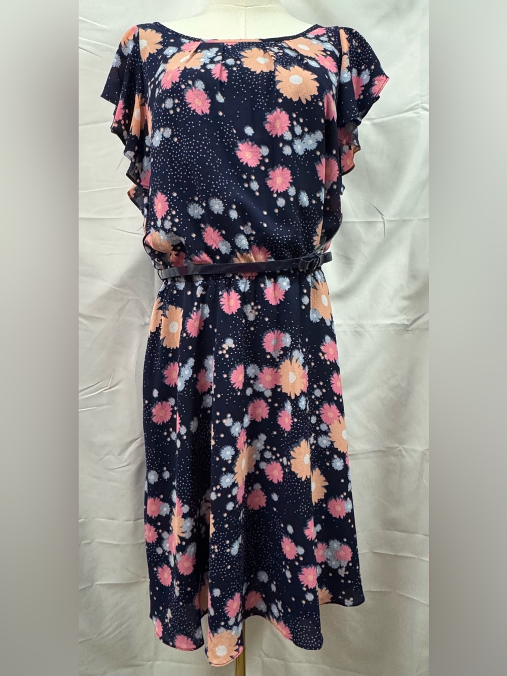 New Elle Navy Floral Belted Casual Dress with Pink & Peach Blossoms